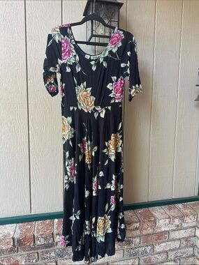 Bila Black Midi Dress with Pink & Gold Floral Accents